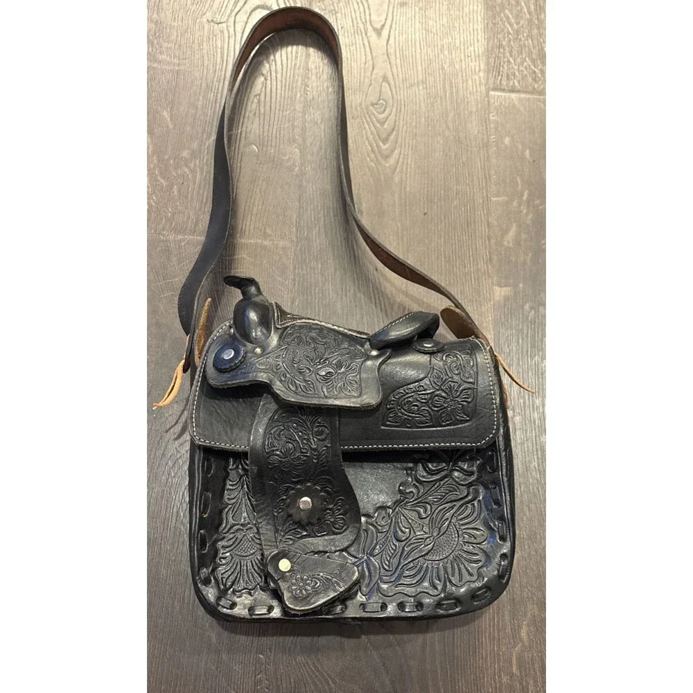 VTG Saddle Shearling Shoulder Bag Hand Crafted Tooled Leather